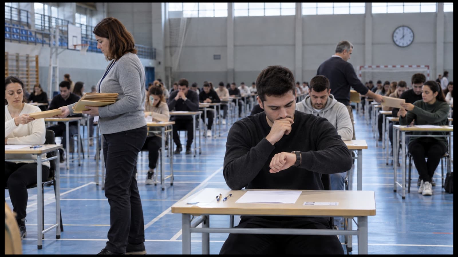Portada con el rótulo «El examen» y el subtítulo «140 minutos, cuatro partes» sobre fondo verde