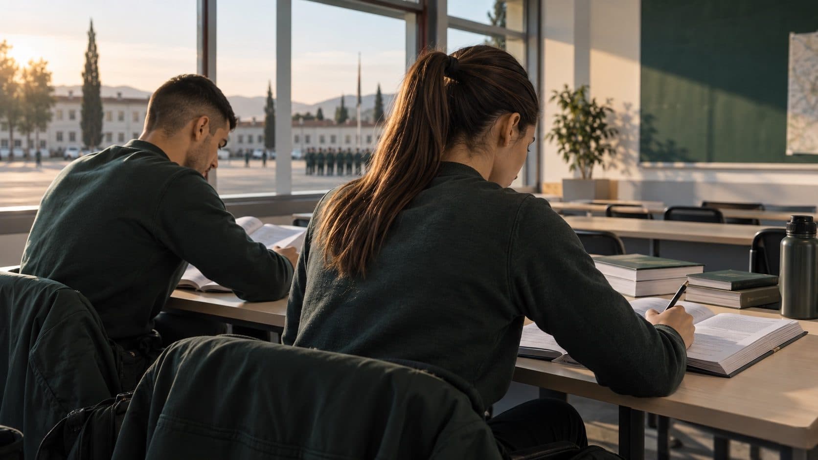 Dos opositores estudiando el temario en un aula con un acuartelamiento al fondo
